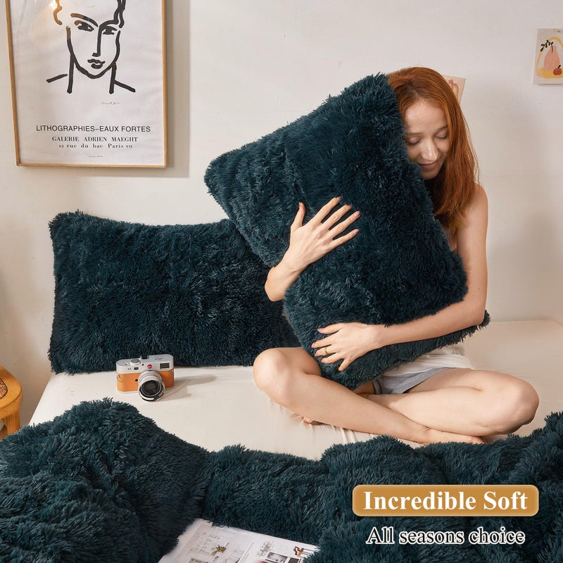 XeGe Faux Fur Throw Pillow Cases, Plush Shaggy Ultra Soft Pillow Covers, Fluffy Crystal Velvet Decorative Pillowcases, Furry Fuzzy Pillow Shams Zipper Closure, Set of 2 (Standard, Dark Green) - Image 5